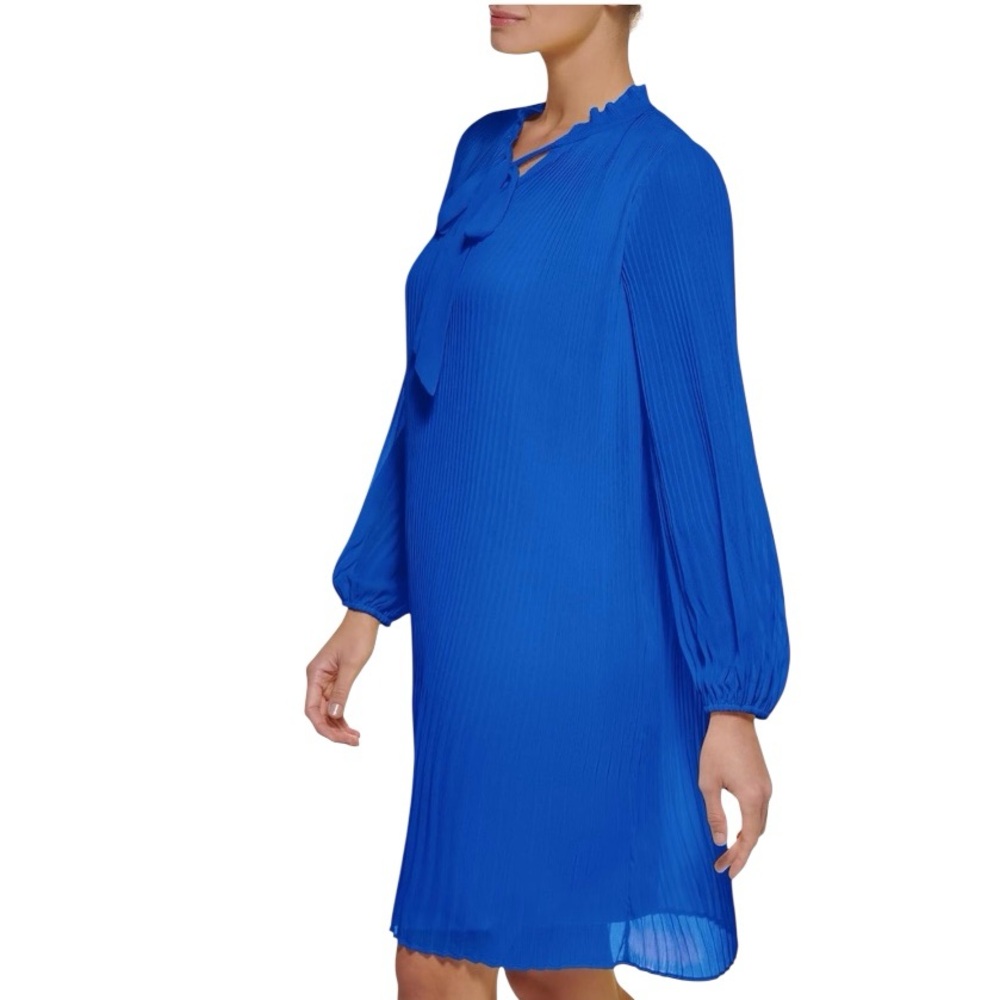 DKNY Women's Long Sleeve Pleated Dress With Neck Tie. - Picture 3 of 4
